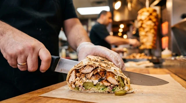 Chicken Shawarma Sandwich Preparation in Restaurant Kitchen
