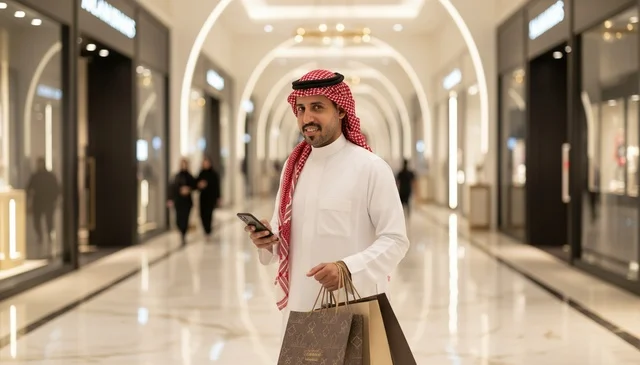 Saudi Man with Shopping Bags and Smartphone in Luxury Mall