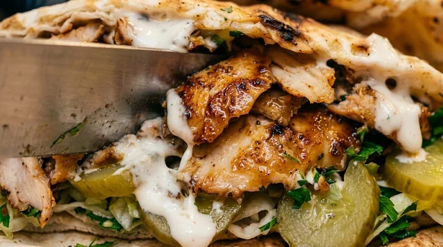 Chicken Shawarma Sandwich Close Up with Garlic Sauce
