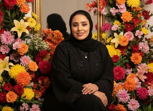 امرأة سعودية بالعباءة السوداء محاطة بالزهور الملونة