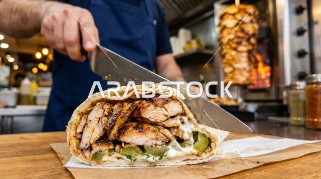 Chef Cutting Arabic Chicken Shawarma Sandwich in Kitchen