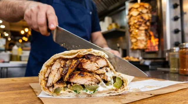 Chef Cutting Arabic Chicken Shawarma Sandwich in Kitchen