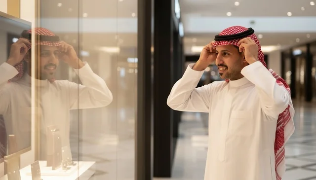 رجل سعودي بالزي التقليدي أمام واجهة محل في مول