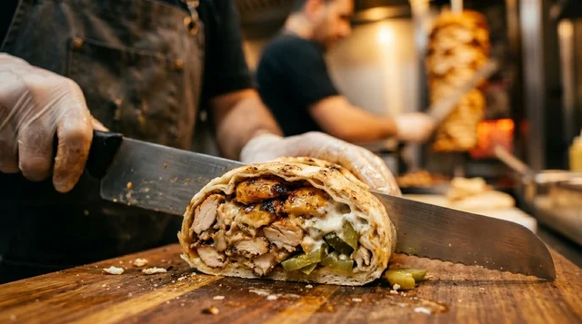 Chicken Shawarma Sandwich Preparation in Restaurant Kitchen