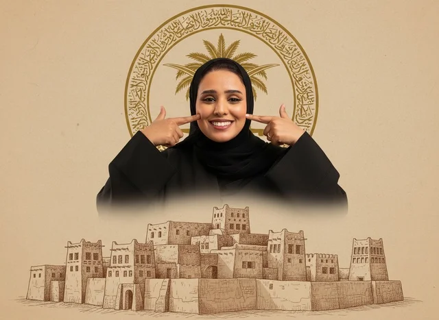 امرأة سعودية بالعباءة مع خلفية تراثية وشعار وطني
