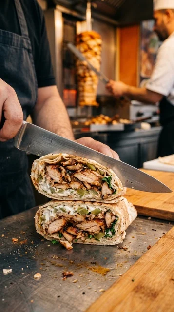 Chicken Shawarma Wrap in Arabic Restaurant Close-up