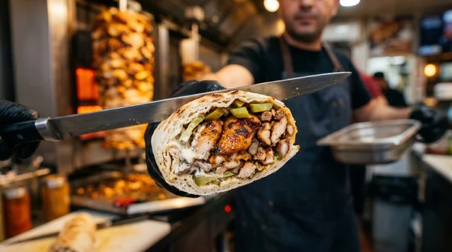 Chicken Shawarma Sandwich in Arabic Restaurant Kitchen