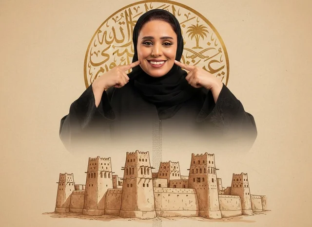 Saudi Woman with Traditional Architecture and Emblem