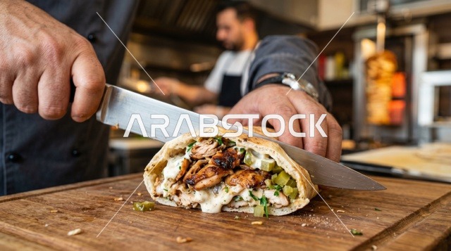 Chef Cutting Arabic Chicken Shawarma Sandwich in Kitchen