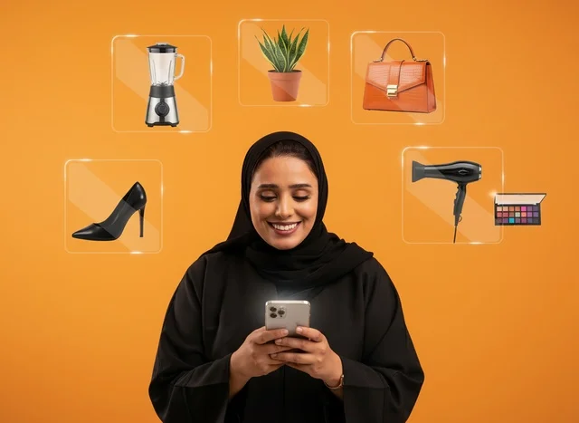 امرأة عربية تتسوق إلكترونياً بالجوال خلفية برتقالية
