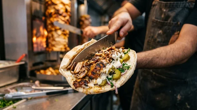 Chicken Shawarma Sandwich Preparation in Arabic Restaurant