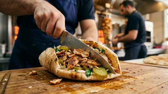 Chef Slicing Arabic Chicken Shawarma Sandwich in Kitchen