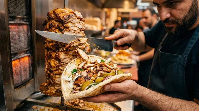 Chef Slicing Chicken Shawarma in Arabic Restaurant