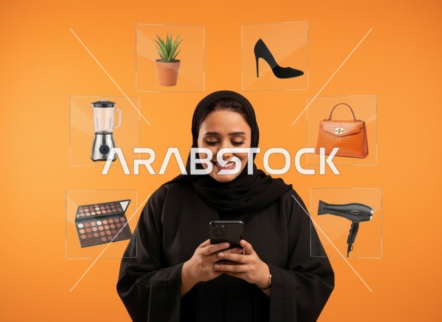 تسوق امرأة سعودية عبر الإنترنت باستخدام الهاتف الذكي