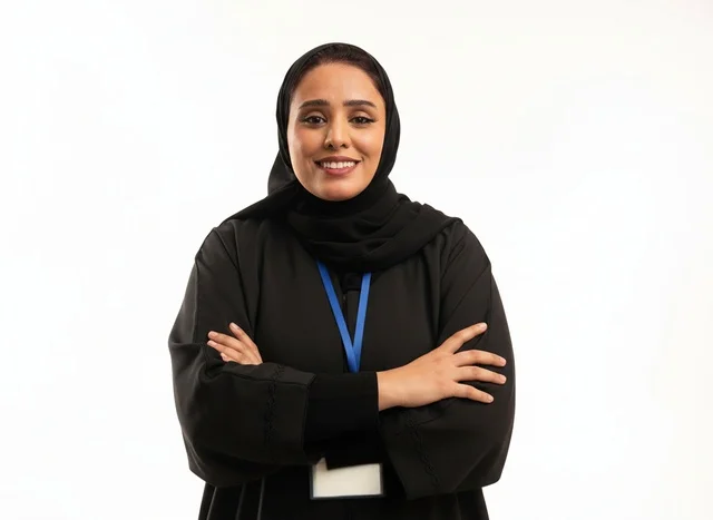 امرأة سعودية بعباءة مهنية مع بطاقة عمل