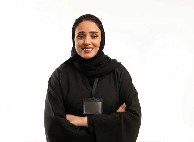 Saudi Professional Woman in Abaya with ID Badge