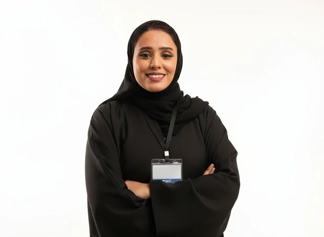 Professional Saudi Woman in Abaya with ID Badge