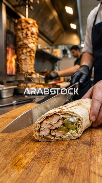 Chicken Shawarma Wrap Cutting in Arabic Restaurant