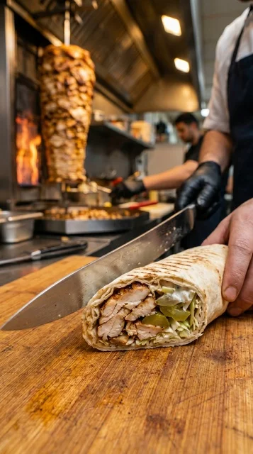 Chicken Shawarma Wrap Cutting in Arabic Restaurant