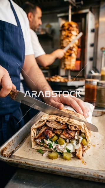 Chef Slicing Chicken Shawarma Wrap in Restaurant Kitchen