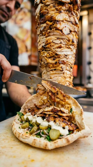 Arabic Chicken Shawarma Rotisserie Preparation Close Up