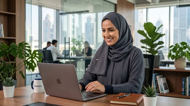 سيدة أعمال عربية بالحجاب تعمل على كمبيوتر في مكتب حديث