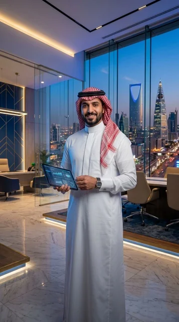 Saudi Businessman in Riyadh Office with Digital Tablet