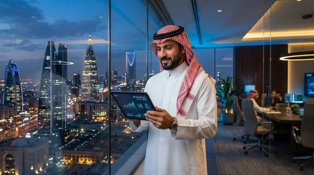 Saudi Businessman with Tablet and Riyadh Skyline at Night
