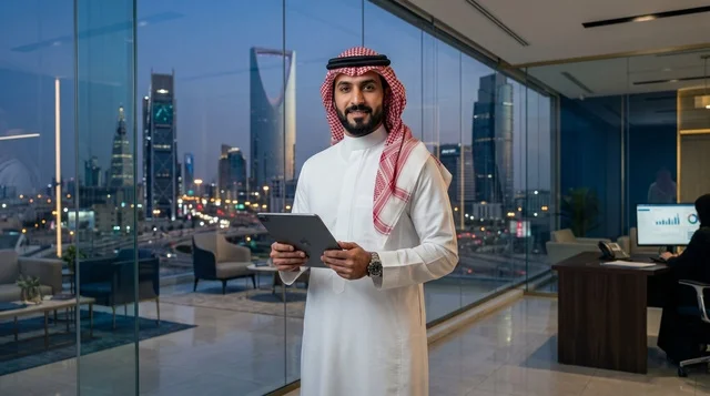 Saudi Businessman Riyadh Skyline Office Night
