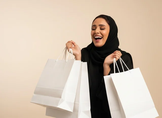 امرأة سعودية سعيدة بالعباءة تحمل أكياس تسوق بيضاء