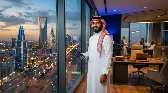 رجل أعمال سعودي في مكتب يطل على الرياض ليلاً