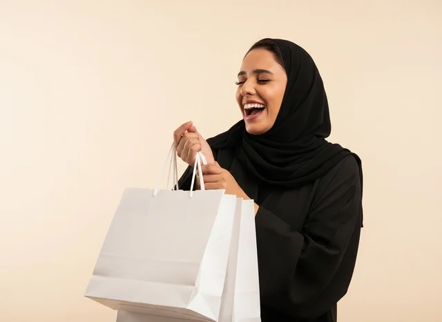 امرأة سعودية بالعباءة السوداء تحمل حقائب التسوق