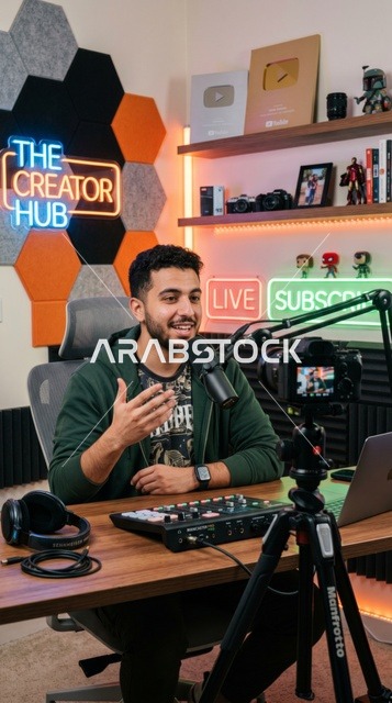 صانع محتوى عربي يسجل بودكاست في استوديو احترافي