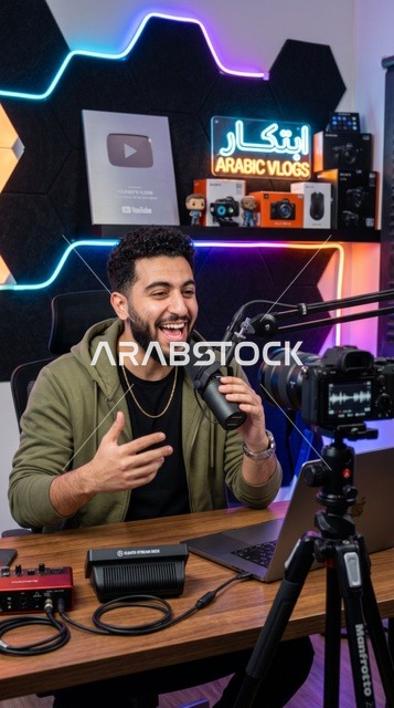 صانع محتوى عربي يسجل بودكاست في استوديو احترافي