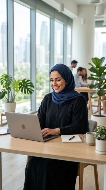 سيدة أعمال عربية محجبة تعمل على المحمول في المكتب