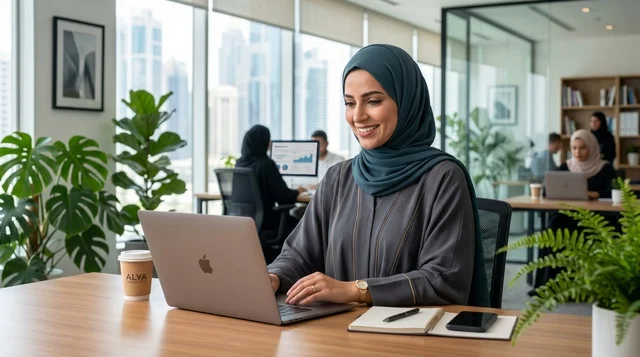 Arab Businesswoman in Hijab Working in Modern Office