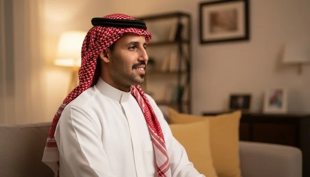 Saudi Man in Traditional Thobe and Shemagh Indoors