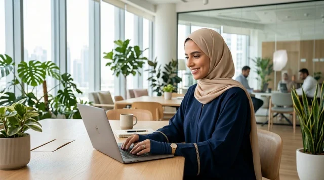 سيدة أعمال عربية بالحجاب تعمل في مكتب حديث