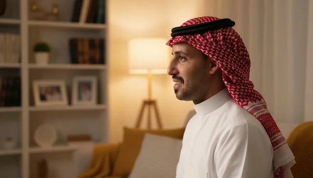 رجل سعودي بالثوب التقليدي يبتسم في المنزل