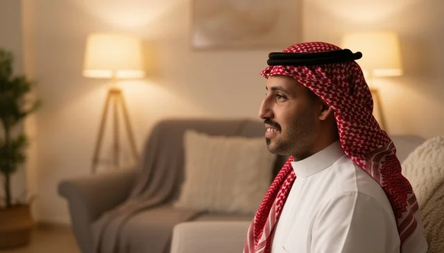 رجل سعودي بالثوب التقليدي يبتسم في المنزل