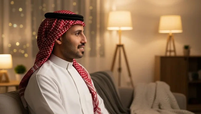 رجل سعودي بالثوب التقليدي يبتسم في المنزل