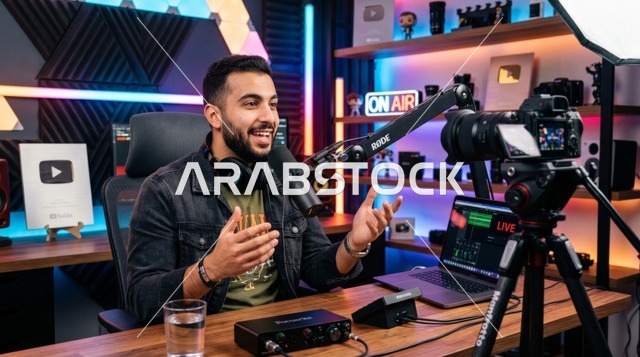 صانع محتوى عربي يسجل بودكاست في استوديو احترافي