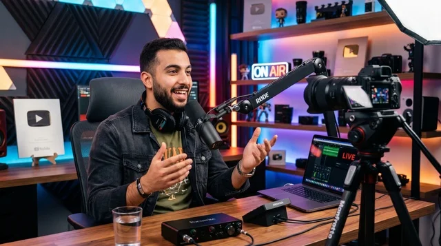 Arabic Content Creator Recording Podcast in Studio