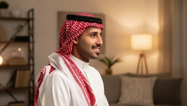 رجل سعودي بالثوب التقليدي يبتسم في المنزل