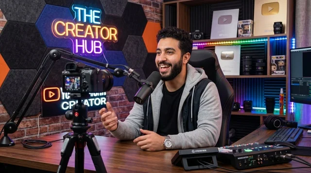 صانع محتوى عربي في استوديو تسجيل بودكاست