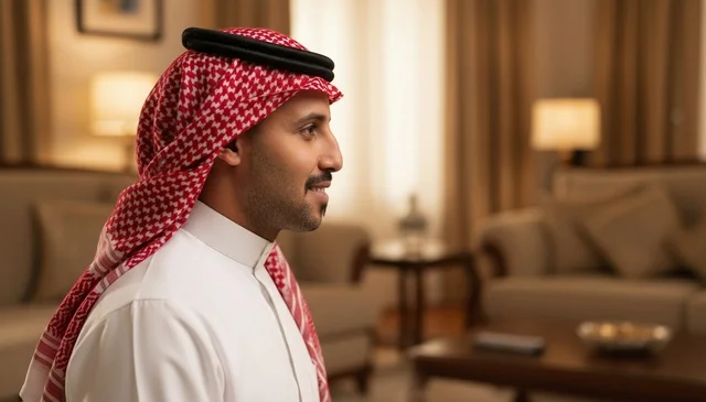 رجل سعودي بالثوب التقليدي يبتسم في المنزل