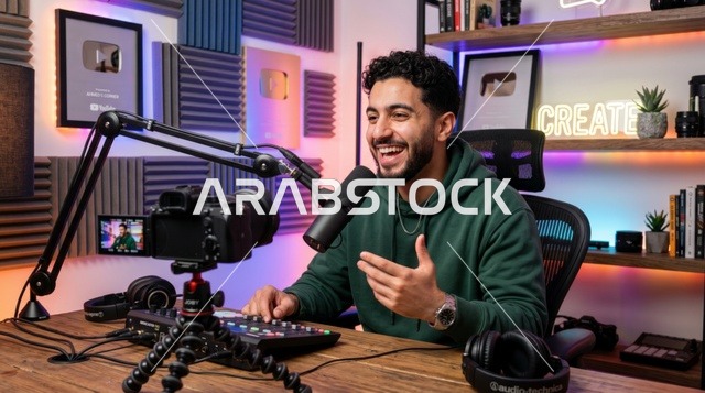 صانع محتوى عربي يسجل بودكاست في استوديو احترافي