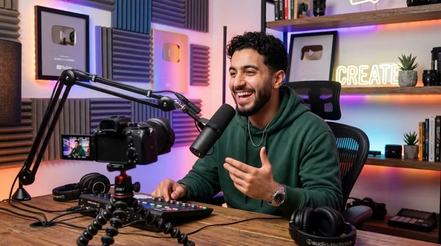 Arab Content Creator Recording Podcast in Professional Studio
