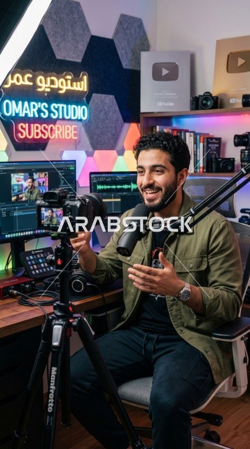 صانع محتوى عربي يسجل بودكاست في استوديو