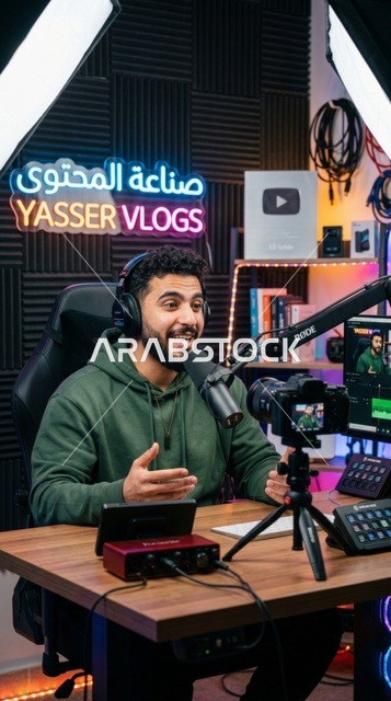 صانع محتوى عربي يسجل بودكاست في استوديو احترافي